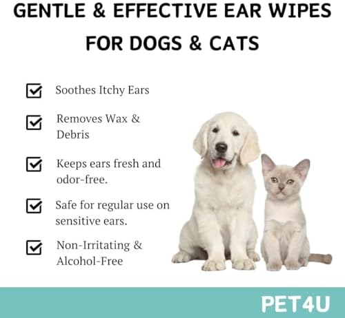 Gentle Ear Wipes for Dogs and Cats - 120 Wipes - Soothes Irritation, Removes Wax & Dirt - Safe for Sensitive Ears, with Aloe Vera & Castor Oil - Biodegradable & Flushable