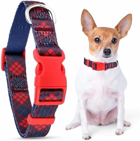 Parisian Pet Plaid Dog Collar - Adjustable Scottish Red Pet Collar with Secure Buckle and Metal D-Ring - Comfortable Designer Puppy Collars - Durable Nylon Checkered Dog Collars for Large Dogs