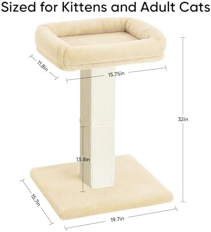 Cat Scratching Post with Plush Perch for Indoor Cats, 32 Inch, Beige