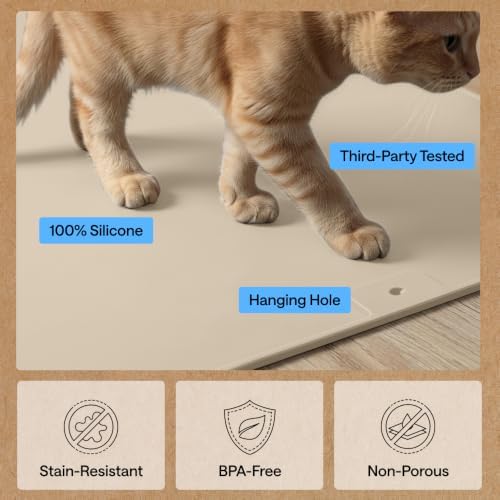 GORILLA GRIP Cat Litter Box Mat, Easy Clean Silicone Mats, 35x23 Beige