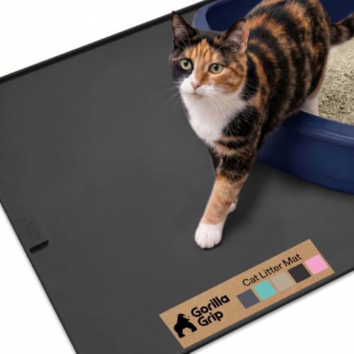 GORILLA GRIP Cat Litter Box Mat, Easy Clean Silicone Mats, 24x15 Black