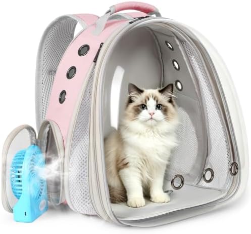 Cat Backpack Carrier with Fan, Space Capsule Astronaut Clear Bubble Front Extension to Carry Transport Cat Small Puppy Bunny, 20 Pounds Cat Bookbag (Pink, Gen 1 + Fan)