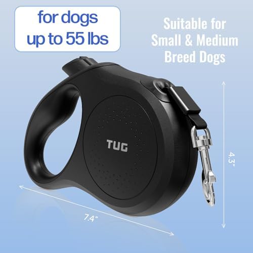 TUG Quest Retractable Dog Leash | 360° Tangle-Free | 16 ft Tape (M, Black)