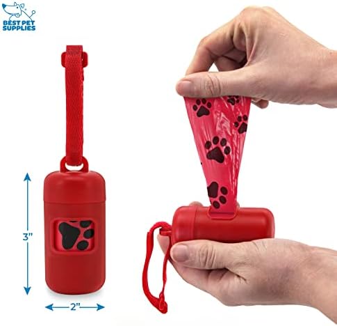 Best Pet Supplies Dog Poop Bag Holder Leash Attachment with Reusable Dispenser for Travel, Walking, Park, and Outdoor Use, Durable with Clip-On - Red, Pack of 2, Plastic Dispenser w/30 Bags