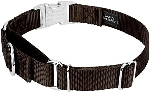 Country Brook Petz - Martingale Dog Collar - Heavy Duty Nylon Adjustable Martingale Dog Collar with Metal Buckle for Small Medium Large Breeds - 30+ Color Options (3/4 Inch, Small, Brown)