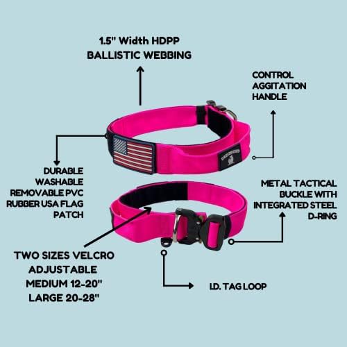 Tactical Dog Collar with Handle - 1.5 Inch Thick Heavy Duty Nylon, Military Style Metal Quick Release Buckle & Integrated D-Ring, for Medium & Large Dogs – Includes USA Flag On Customizable Name Plate