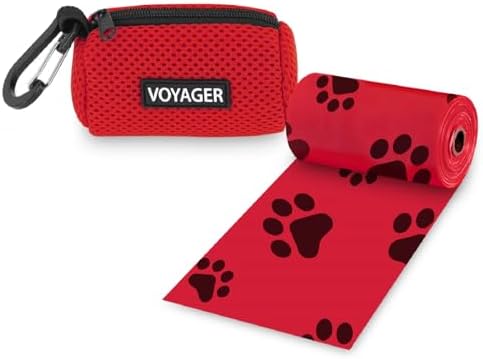 Best Pet Supplies Dog Poop Bag Holder Leash Attachment with Reusable Dispenser for Travel, Walking, Park, and Outdoor Use, Durable with Clip-On - Red, Mesh Dispenser w/15 Bags