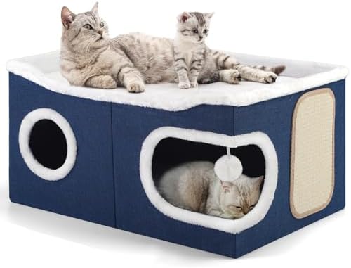 Shikha Extra Large Cat House Bed for Multi Cats with Scratch Pad Blue