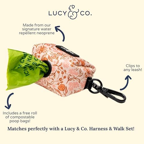 Lucy & Co. Woodland Wildflowers Dog Poop Bag Holder and Dispenser, Clips to Leash, Water-Repellent Neoprene, Includes Refill Roll