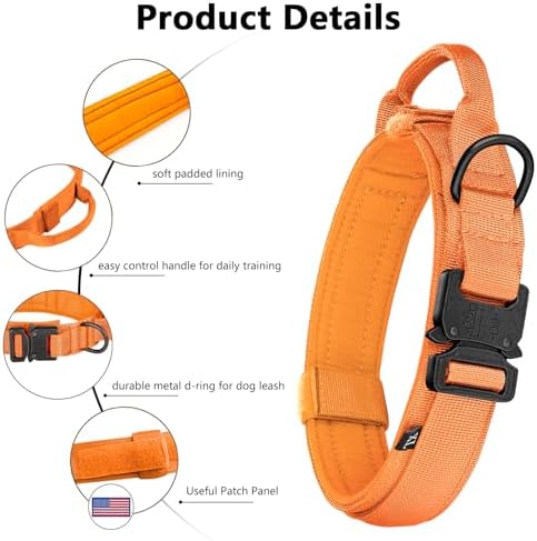 DAGANXI Tactical Dog Collar, Adjustable Military Training Nylon Dog Collar with Control Handle and Heavy Metal Buckle for Medium and Large Dogs, with Patches and Airtags Case (Orange, XL)