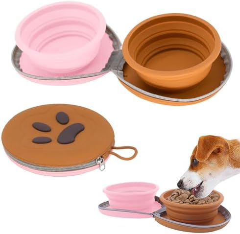 Collapsible Dog Bowls, 2-in-1 Pet Food Water Feeder Brown Pink