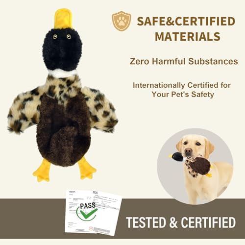Stuffing-Free Duck Dog Toy, Plush Squeaky Toy with 4 Squeakers and Crinkle Wings, Hollow Body No-Stuffing Design for Small Medium Dogs