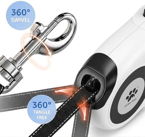 16 ft Retractable Dog Leash for Extra Large Dogs up to 130 lbs,Tangle-Free Nylon Tape,White Dan24 XL
