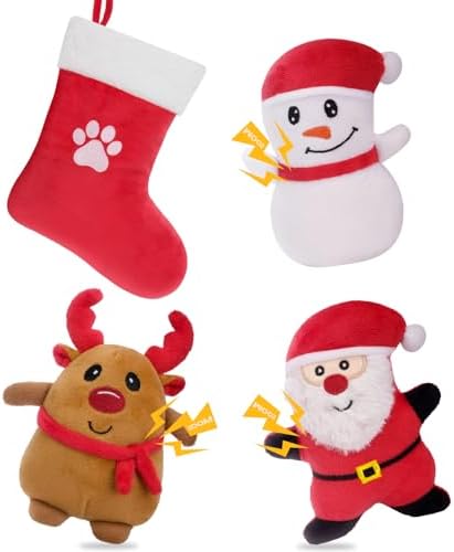 HGB Christmas Dog Toys, 4 Pack Plush Squeaky Dog Toys for Small Medium Breed with Dog Stocking to Keep Them Busy & Daily Companionship