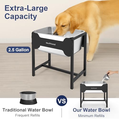 2.5 Gallon Elevated Dog Water Bowl for Large Breeds, 14.2" Tall Raised Stainless Steel Large Dog Water Bowl with Full Metal Stand for Relief Joint Pressure, Tip-Proof, Easy to Clean, Indoor & Outdoor