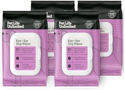 Pet Life Unlimited Dog Eye & Ear Wipes, 30 Count, Hypoallergenic, Fragrance-Free, Plant-Based Cleaning & Grooming Wipes with Aloe & Chamomile, Gently Remove Dirt & Wax, Soothes Skin (Pack of 4)