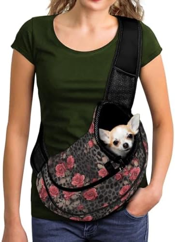 COEQINE Dog Sling Carrier 0-10 Lbs, Black Red Leopard Printed Carrier Sling