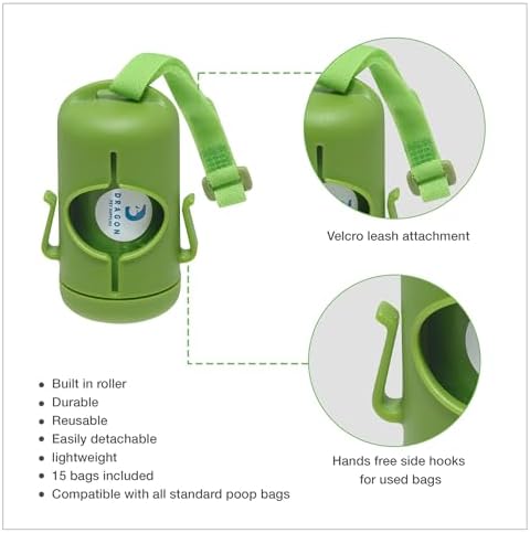 DRAGON Waste Bags Durable Dispenser, Dog poop bags holder with Two Hooks on the side for Used Poop Bags, leash attachment strap and 15 Poop Bags (Pink)
