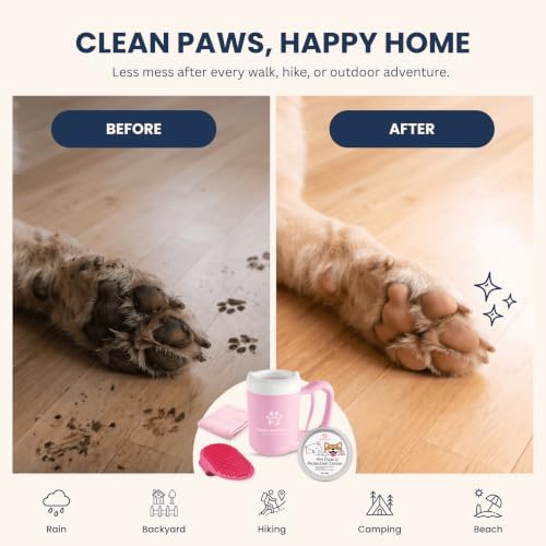 Dog Paw Cleaner, Paw Washer Cup with Soft Silicone Bristles, Portable Dog Foot Washer, 4-in-1 Paw Cleaner Kit with Paw Balm, Microfiber Towel & Grooming Brush (Pink Small)