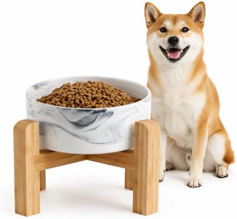 Elevated/Raised Ceramic Dog Bowl with Bamboo Stand,Marble Pattern 6 Inch 3.6 Cups Non Slip Heavy Weighted Single Pet Dish, for Small Medium Breed & Cats,Reduces Neck Strain Marble Grey