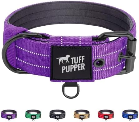 Tuff Pupper Heavy Duty Tactical Dog Collar | 1.5" Wide Ballistic Nylon | Reflective Stitching | Integrated ID Tag Holder | Stainless Steel Buckle | Padded Lining | Medium & Large Dogs (Purple, Large)