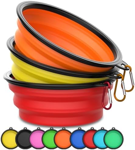Collapsible Dog Bowls [3 Pack] 20 oz, Travel Dog Bowls, Pet Bowl Portable Foldable Water Food Feeding Dishes with Carabiner Clip for Traveling Hiking Walking-Red & Orange & Yellow