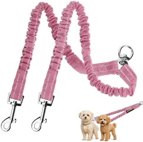 MingXpet 2 Dog Leash, Dog Leash for 2 Dogs, 360° Swivel No Tangle Double Walking Training Leashes for Large Dogs that Pull, Comfortable Shock Absorbing Reflective Bungee, Pink