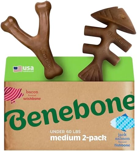 Benebone 2-pack Fishbone/Wishbone Durable Dog Chew Toys, Dog Bones, Medium