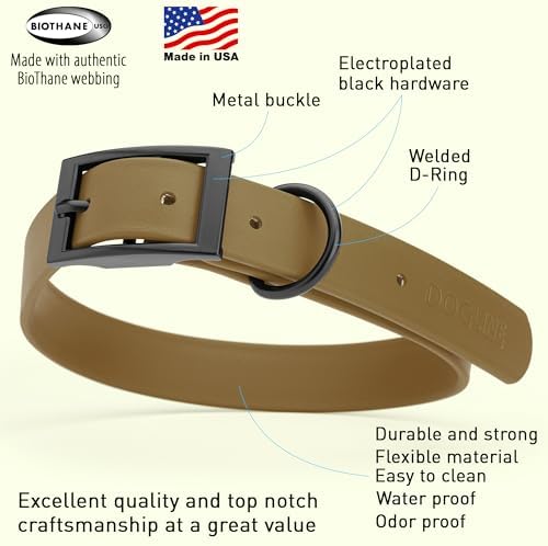 Dogline Biothane Waterproof Dog Collar Strong Coated Nylon Webbing with Black Hardware Odor- Proof for Easy Care Easy to Clean High Performance Fits Small Medium or Large Dogs, Coyote Brown