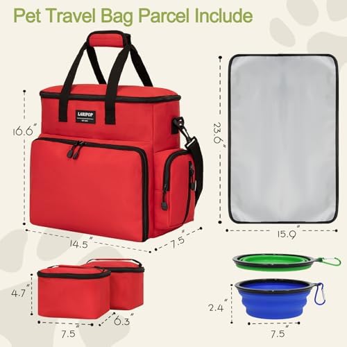 LARIPOP Dog Travel Bag Airline Friendly for Small Medium Large Dogs, Pet Travel Organizer with Collapsible Bowls Food Containers Mat, Waterproof Portable Tote for Dog Outdoor Travel