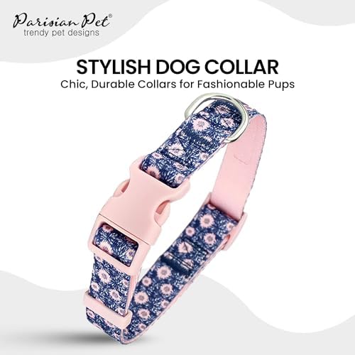 Parisian Pet Floral Dog Collar - Adjustable Midnight Blossoms Girl Pet Collar with Secure Buckle and Metal D-Ring - Comfortable Designer Puppy Collars - Durable Nylon Dog Collars for Small Dogs