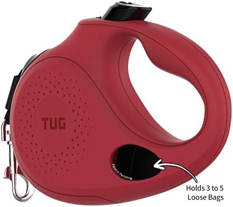 TUG Oval 360° Tangle-Free Retractable Dog Leash with Integrated Waste Bag Dispenser (Medium, Red)