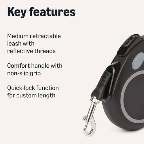 Amazon Basics Reflective Retractable Dog Leash, 16.4 Ft Tape Leash for Dogs Up to 55 Lbs, Non-Slip Comfort Grip, Quick-Lock, Medium, Black