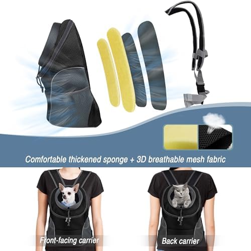WOYYHO Pet Dog Carrier Backpack Small Dog Front Backpack Ventilated Dog Carrier Back Pack with Storage Pockets, Adjustable Straps & Safety Belt for Travel Hiking Outdoor (Size S: 2-4.5 lbs, Black)