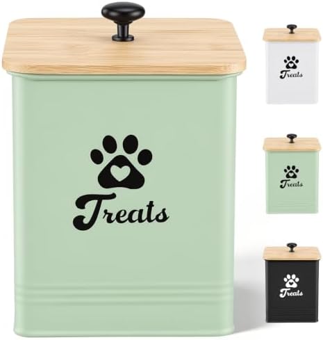 Dog Treat Container Airtight, 5.7"W x 6.7"H Iron Pet Treat Jar with Bamboo Lid, 12 Cup Food Storage Canister for Kitchen Counter, Decorative Pet Cookie Jar for Dog Snacks Kibble,Saga Green