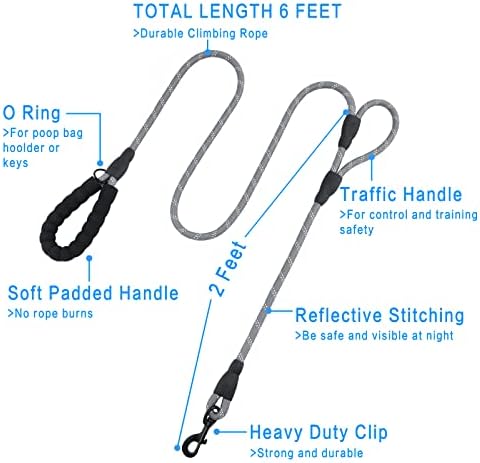 Plutus Pet Rope Dog Leash 6ft Long, Heavy Duty,Reflective Double Handle Leash for Safety Training, for Medium Large Dogs, Dual Handle Leads(Gray)
