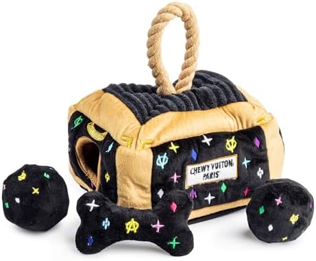 Haute Diggity Dog Chewy Vuiton Trunk Puzzle with 3 Plush Squeaky Dog Toys