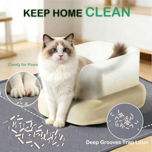 SORKUT Cat Litter Mat 34x22 Inch, Large Silicone Litter Box Mat for Floor Protection, Waterproof & Non-Slip, Soft for Cat Paws, Easy to Clean, Leak-Proof Edge, Gray