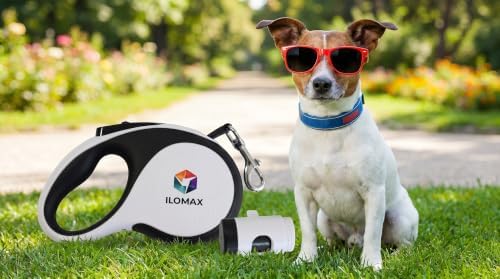 ILOMAX 360° Tangle-Free Retractable Dog Leash Built-in Waste Bag Dispenser Under Handle 2 Rolls Poop Bags Included Heavy Duty Tape Leash for Dogs up to 50kg Carry Pouch Included (White, XL)