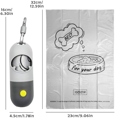 Dog Poop Bags Holder with LED Flashlight|Pet Waste Bags Dispenser for Leash|Doggie Potty Bags Container with Leak-proof Pet Trash Bags and Accessories (Light Gray, 1 Holder 195 Bags)