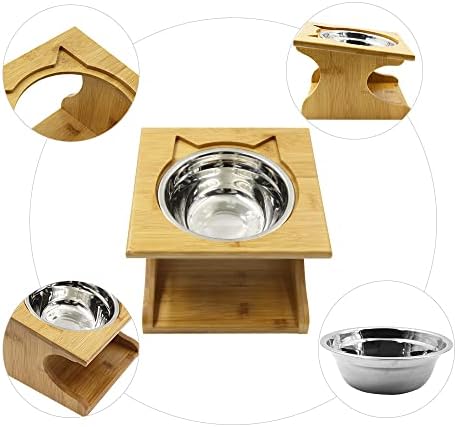 Cat Bowls Pet Dining Table with Raised Slope Wooden Stand Elevated Pet Bowls with Oblique Stand for More Comfortable Eating for Cats, Dogs, Kitten and Puppy (1 Bowl, Steel)