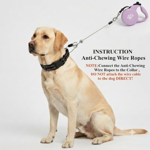 Chew Proof Retractable Dog Leash for Large Dogs, 16ft Heavy Duty Dog Lead with Anti-Chewing Steel Wire Rope, Tangle-Free 360° Swivel, One-Hand Brake & Lock, Pink L