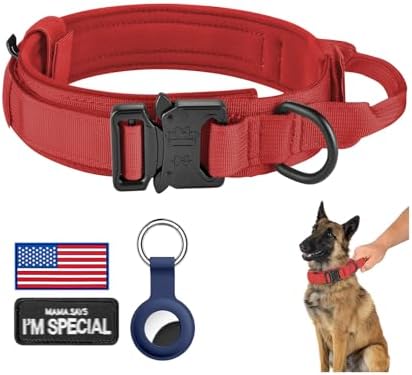 DAGANXI Tactical Dog Collar, Adjustable Military Training Nylon Dog Collar with Control Handle and Heavy Metal Buckle for Medium and Large Dogs, with Patches and Airtags Case (Red, L)