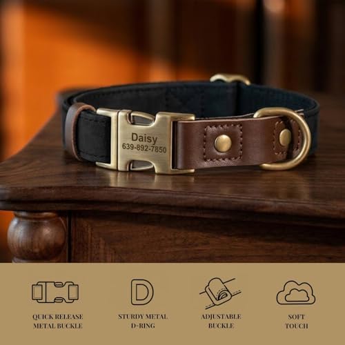 Personalized PU Leather Dog Collars,Quick Release Buckle,Black,XL