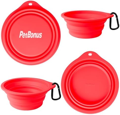 PetBonus 2-Pack Large Silicone Collapsible Dog Bowls, 34oz/1000ml BPA Free Portable Foldable Travel Bowl for Pet Cat, Food Water Feeding Dish for Camping with 2 Carabiners (Black, Red)
