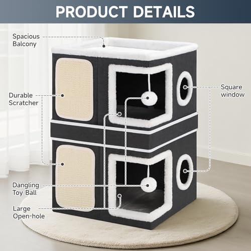 Shikha 2 Story Cat House beds for Indoor Cats with Scratch Pads Black