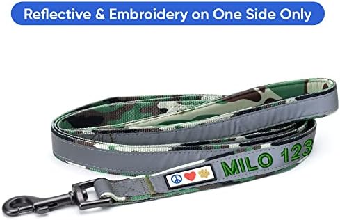 Pawtitas Personalized Camo Green Dog Leash 6 ft Custom ID Lead for Dogs & Puppies Reflective Comfortable Padded Handle Embroidered Name & Phone Number