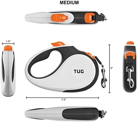 TUG 360° Tangle-Free Retractable Dog Leash with Waste Bag Dispenser (Medium, White/Orange)