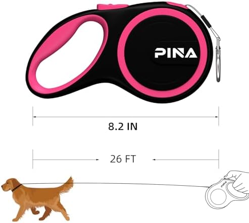 PINA Retractable Dog Leash, 26ft Dog Leash for Small Medium Large Dogs Up to 110lbs, 360° Tangle-Free Strong Reflective Nylon Tape, with Anti-Slip Handle, One-Handed Brake, Lock - 2PACK