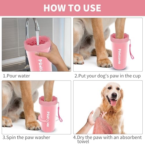 Professional 7 in 1 Dog Paw Cleaner for Dogs - Includes 1 Portable Paw Washer, 1 Bath Brush, 2 Dog Toothbrushes and 3 Absorbent Towels Note: Fits Paws 2.5 to 3.5 Inches Wide (Large, Light Pink)